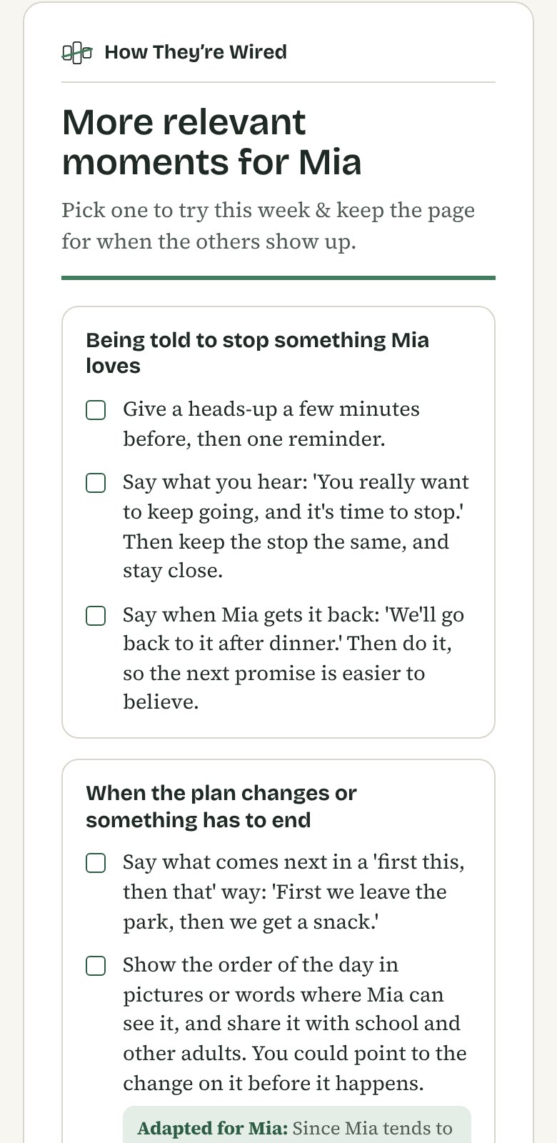 Page two of the printable sheet: more relevant moments for Mia, each with a few checkbox ideas